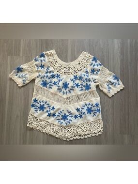 Anthropologie Oliver by Escio Boho Embroidered Crochet Fringe Top Blue Cream M